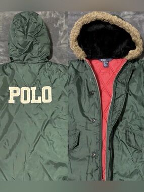 Vintage Polo Ralph Lauren Green Puffer Jacket Quilted Fur Hooded Womens Medium